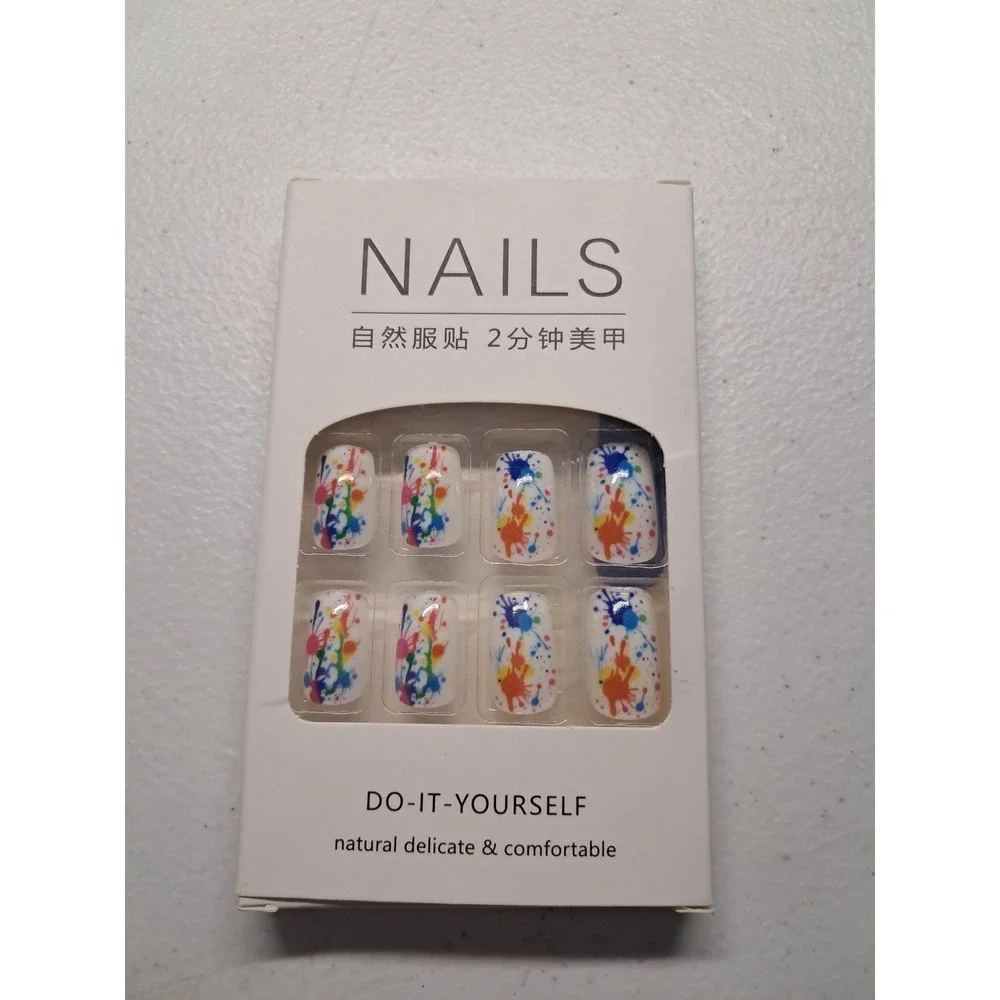 Multicolor Paint Splatter Press On Nails DIY Kit‎ White Square Artistic Manicure